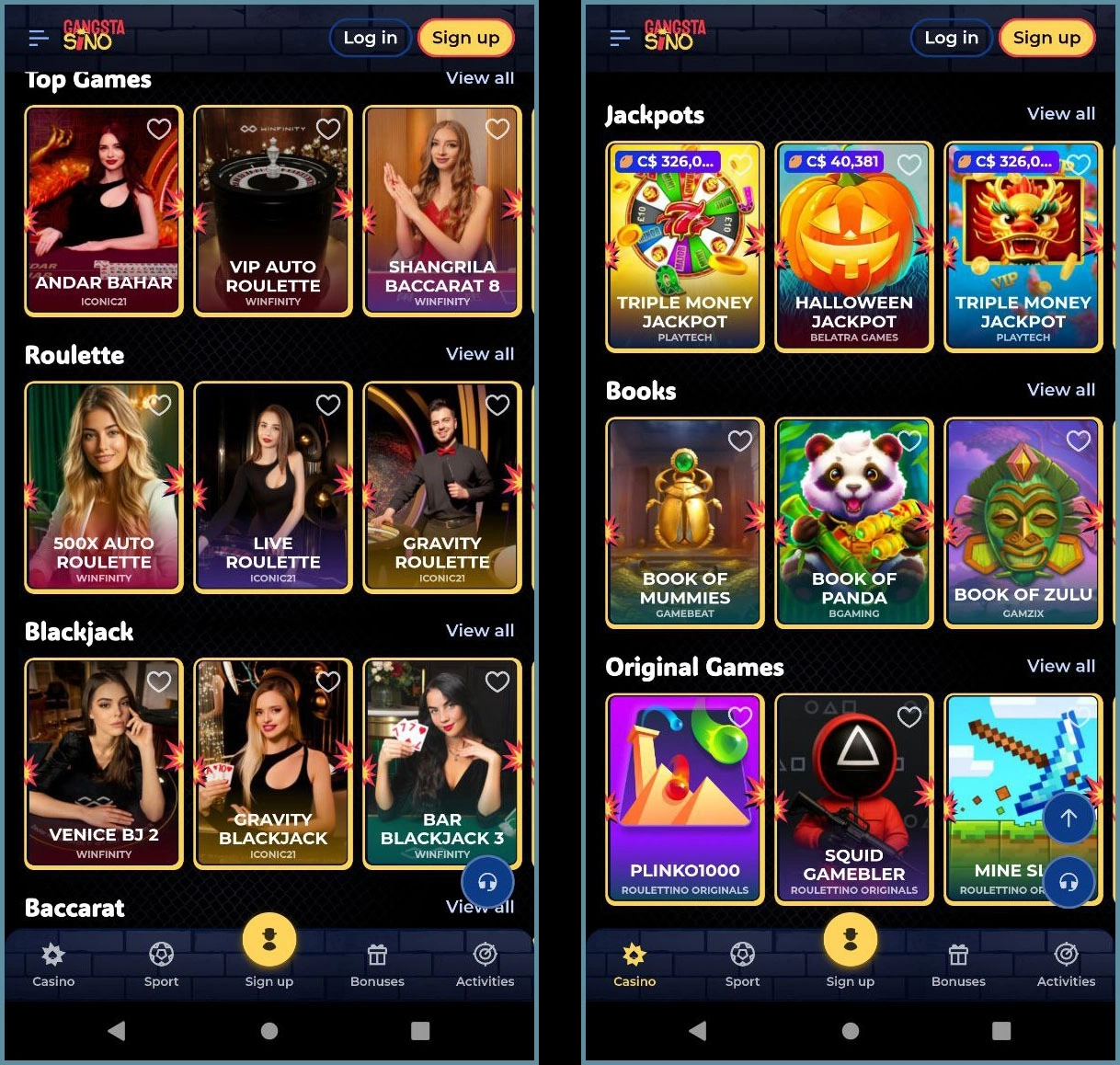 All live casino games and slot list overview at GangstaSino Canada