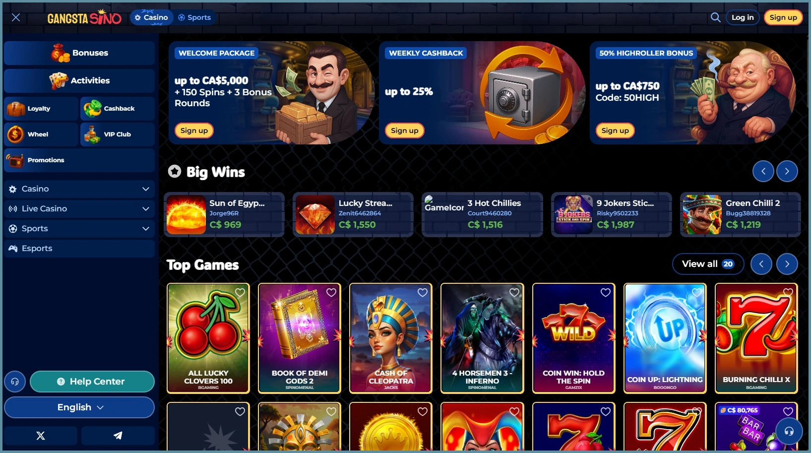 Compact overview of Gangstasino sections