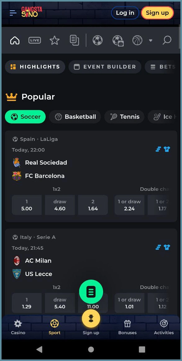 Simple pre-match betting at Gangstasino